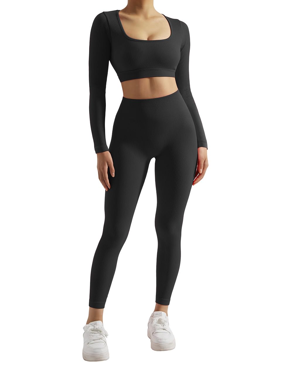 SUUKSESS 2 Piece Workout Sets for Women Long Sleeve Gym Sets Woman Butt Lifting Leggings Open Back Crop Tops - Image 3