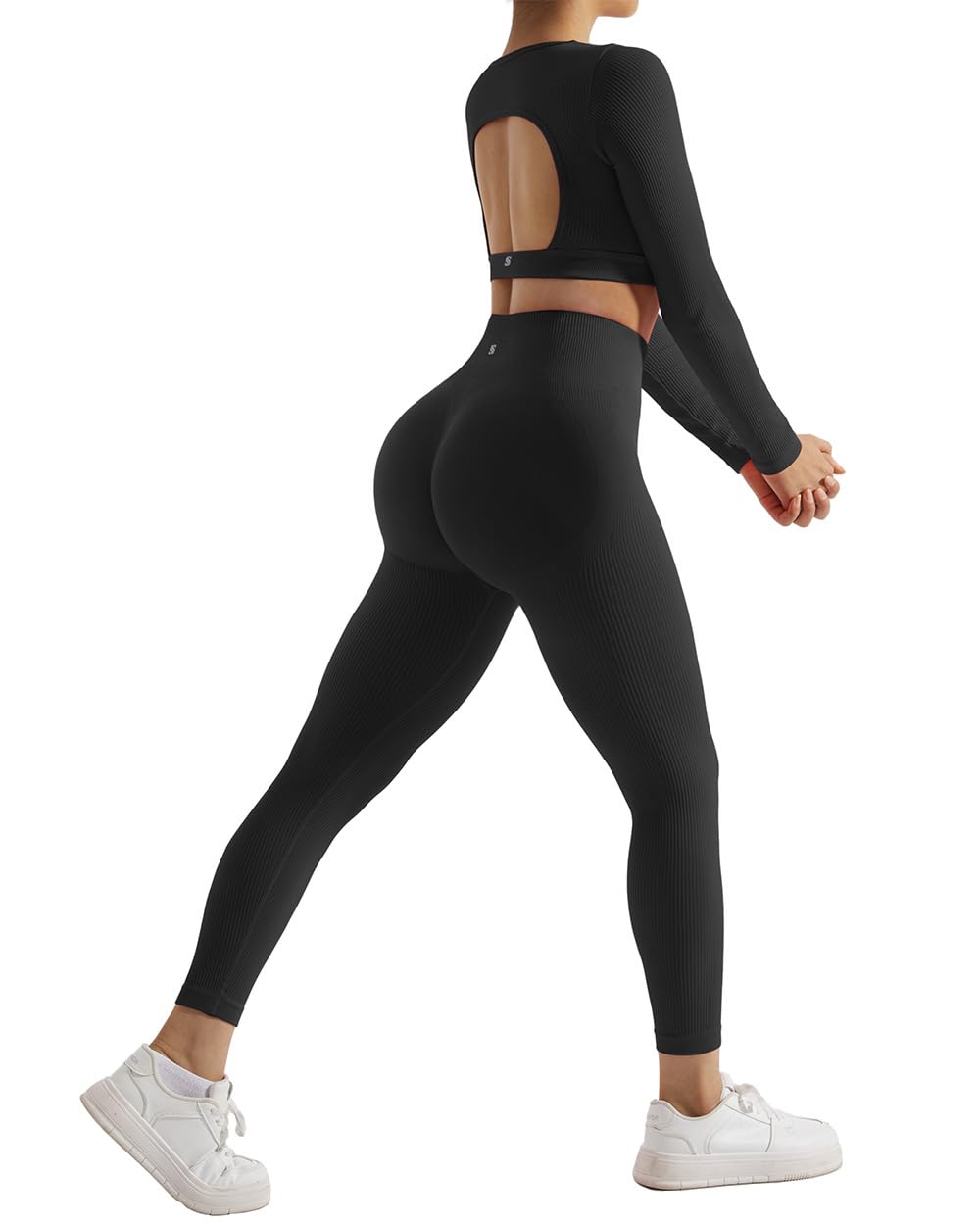 SUUKSESS 2 Piece Workout Sets for Women Long Sleeve Gym Sets Woman Butt Lifting Leggings Open Back Crop Tops - Image 4