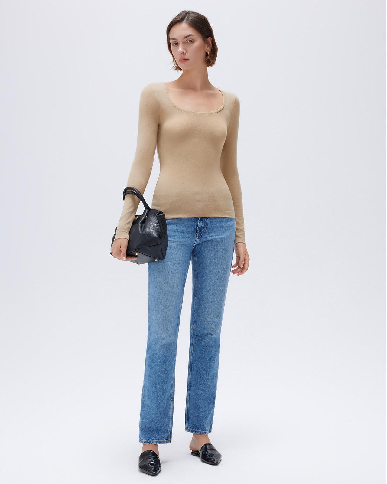 SUUKSESS Cloud Cashmere Women Scoop Neck Fitted Long Sleeve Shirt Basic Knit Tops - Image 3