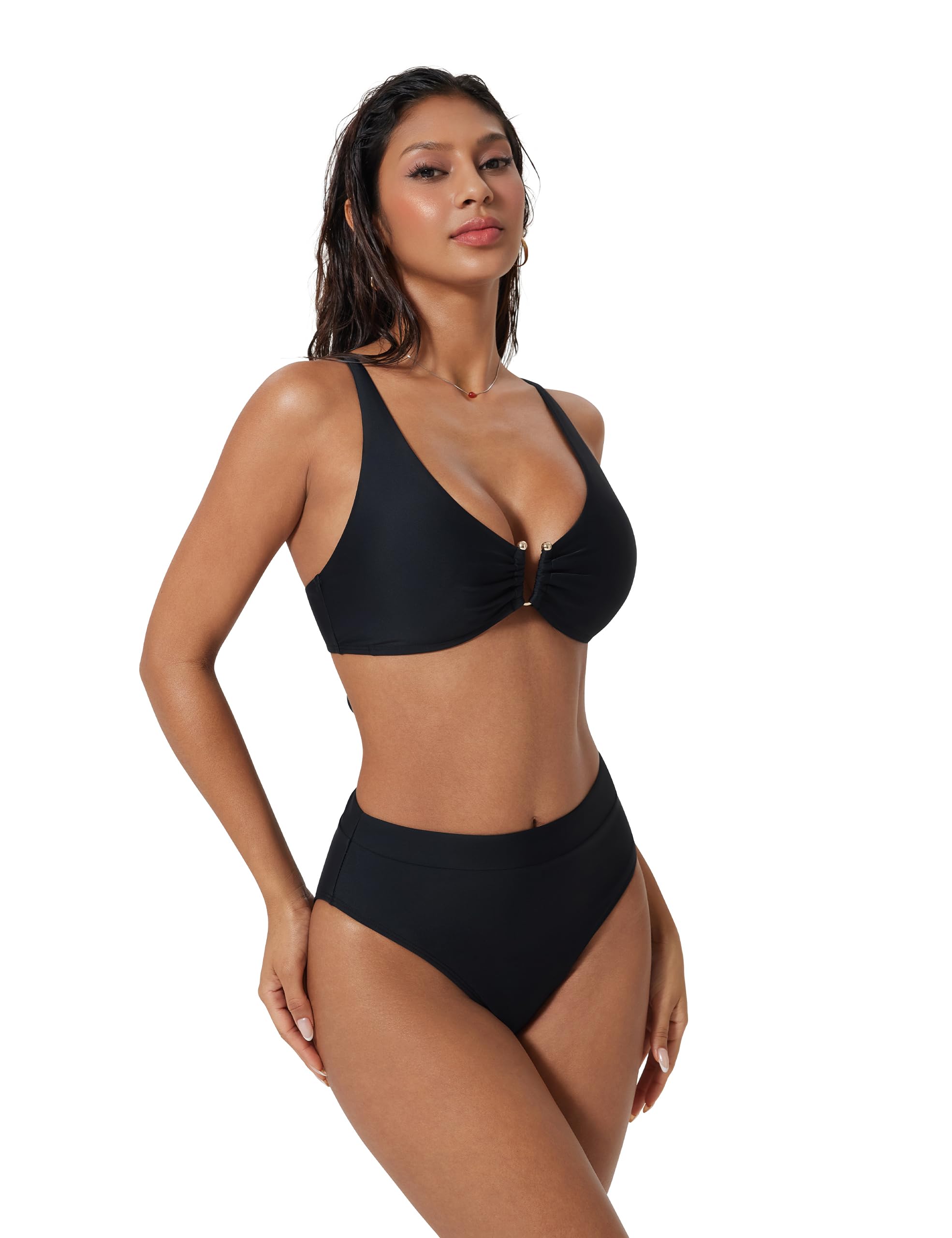 SUUKSESS Women 2 Piece Bikini Set U-Wire Cutout High Waisted Tummy Control Swimsuit - Image 4