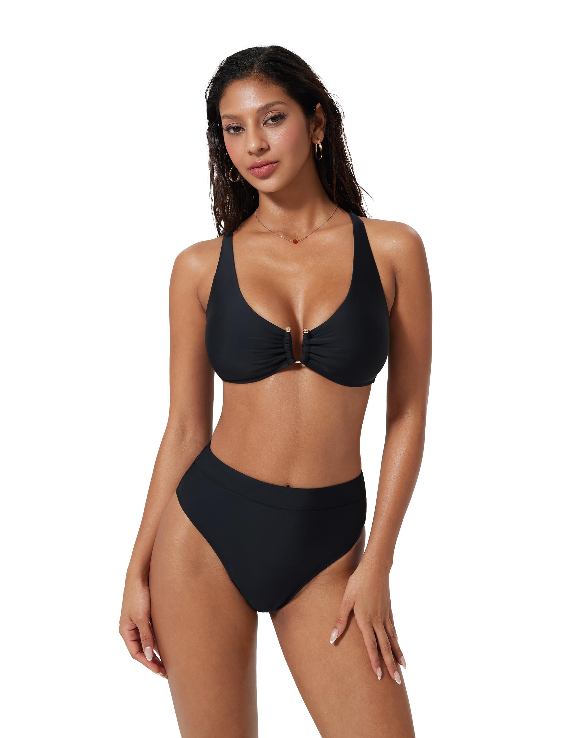 SUUKSESS Women 2 Piece Bikini Set U-Wire Cutout High Waisted Tummy Control Swimsuit - Image 5