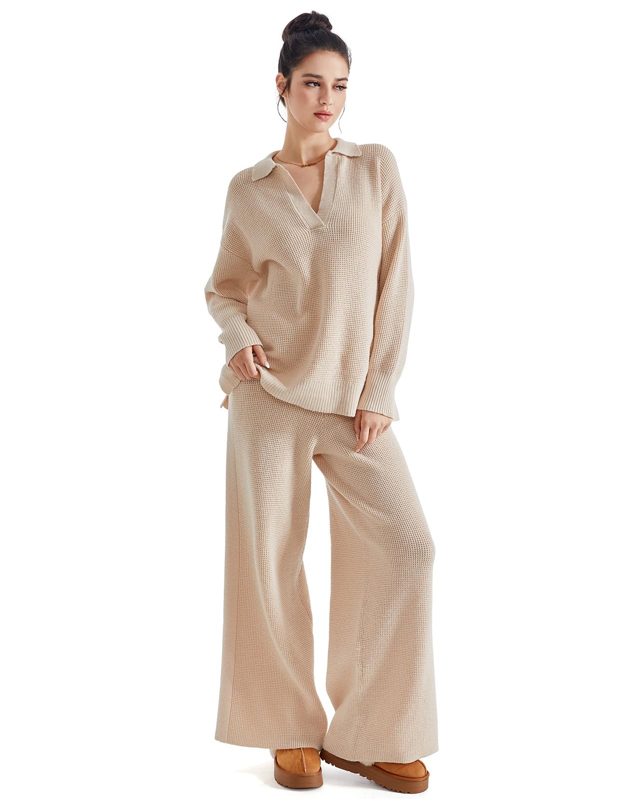 SUUKSESS Women 2 piece Fall outfits Matching Lounge Set Waffle Knit Sweater sets - Image 3