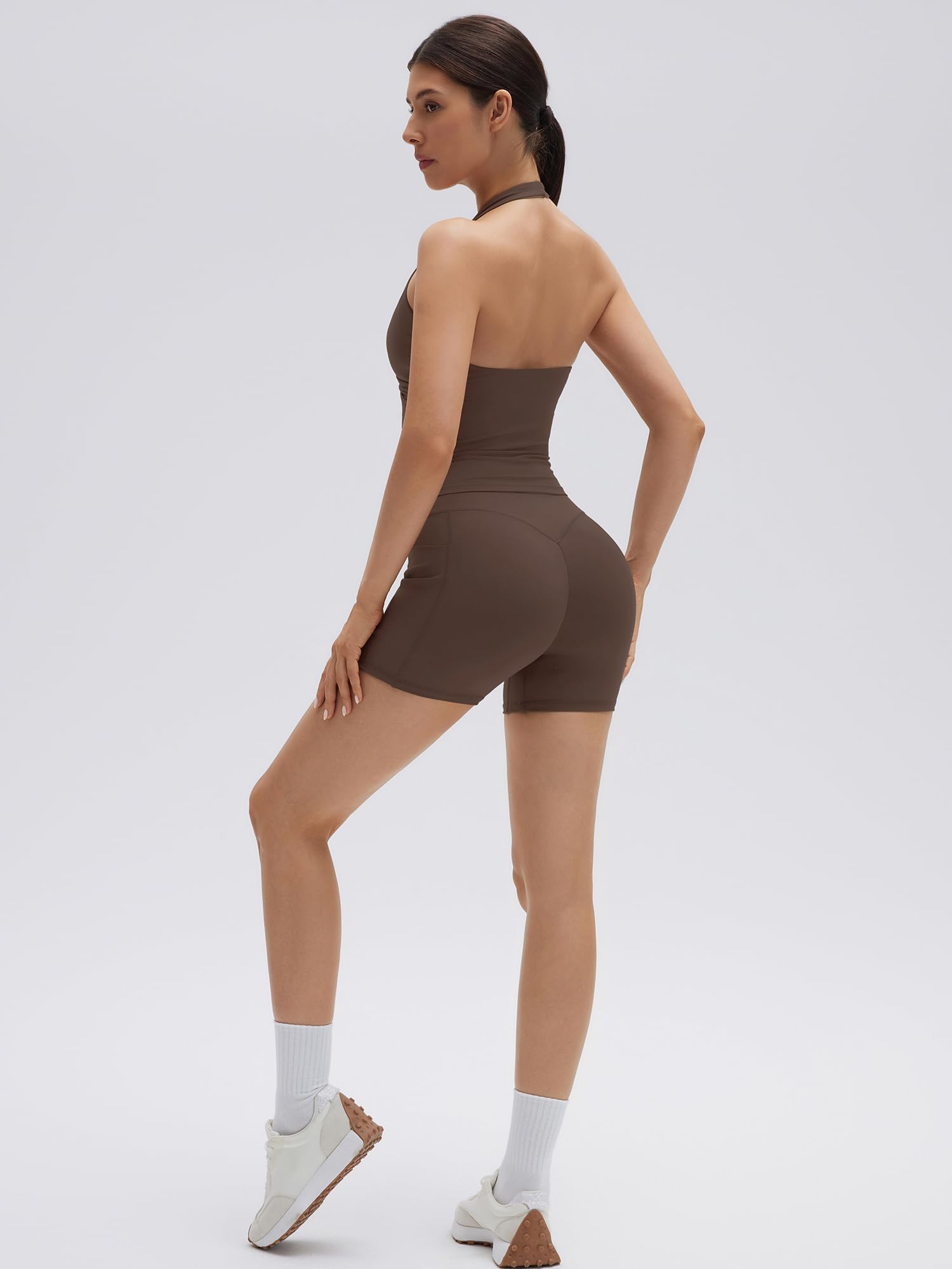 SUUKSESS Women 2 Piece Halter Open Back Workout Sets Padded Tank Top High Waisted Tummy Control Biker Shorts with Pockets - Image 3