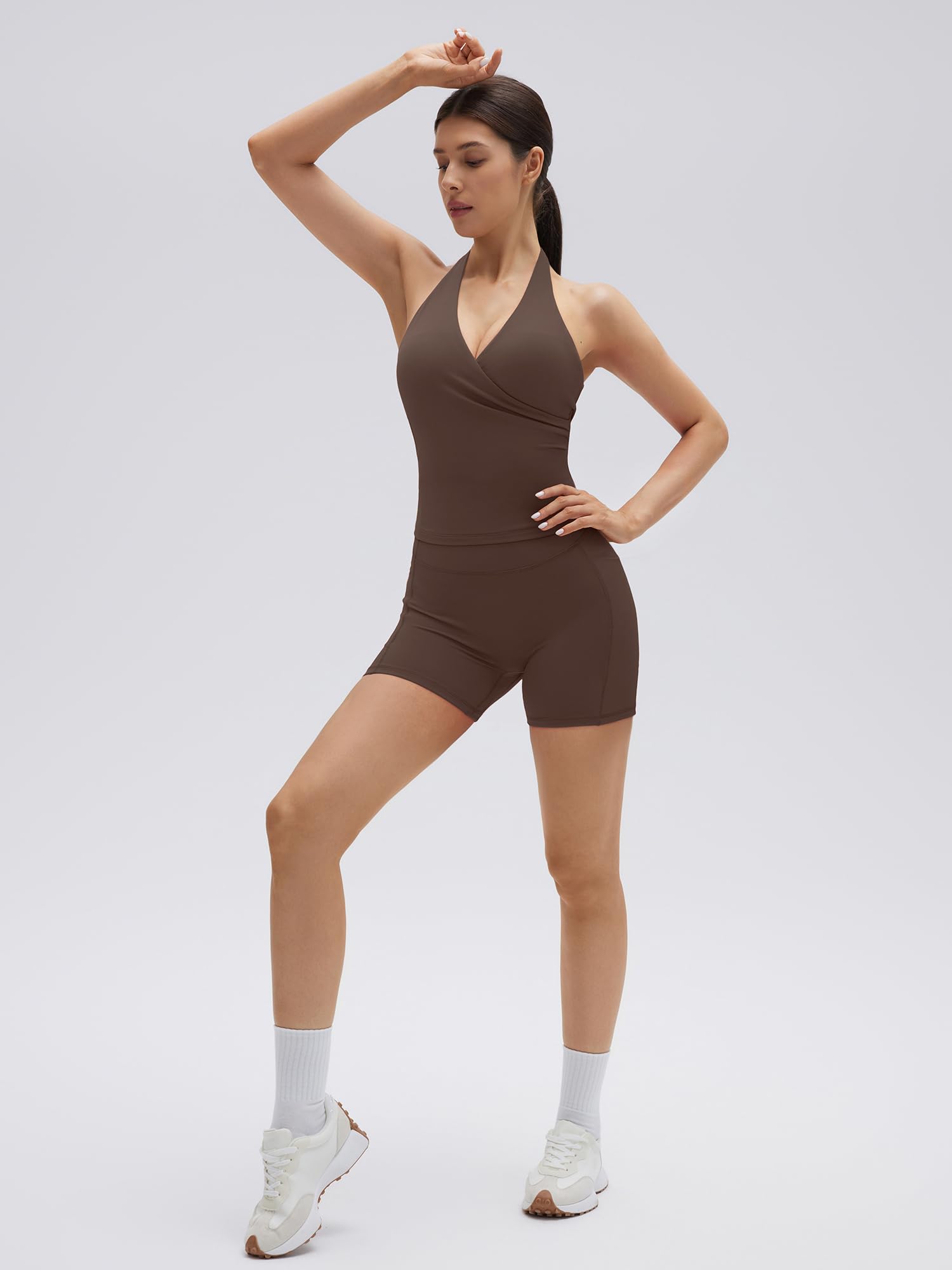 SUUKSESS Women 2 Piece Halter Open Back Workout Sets Padded Tank Top High Waisted Tummy Control Biker Shorts with Pockets - Image 4