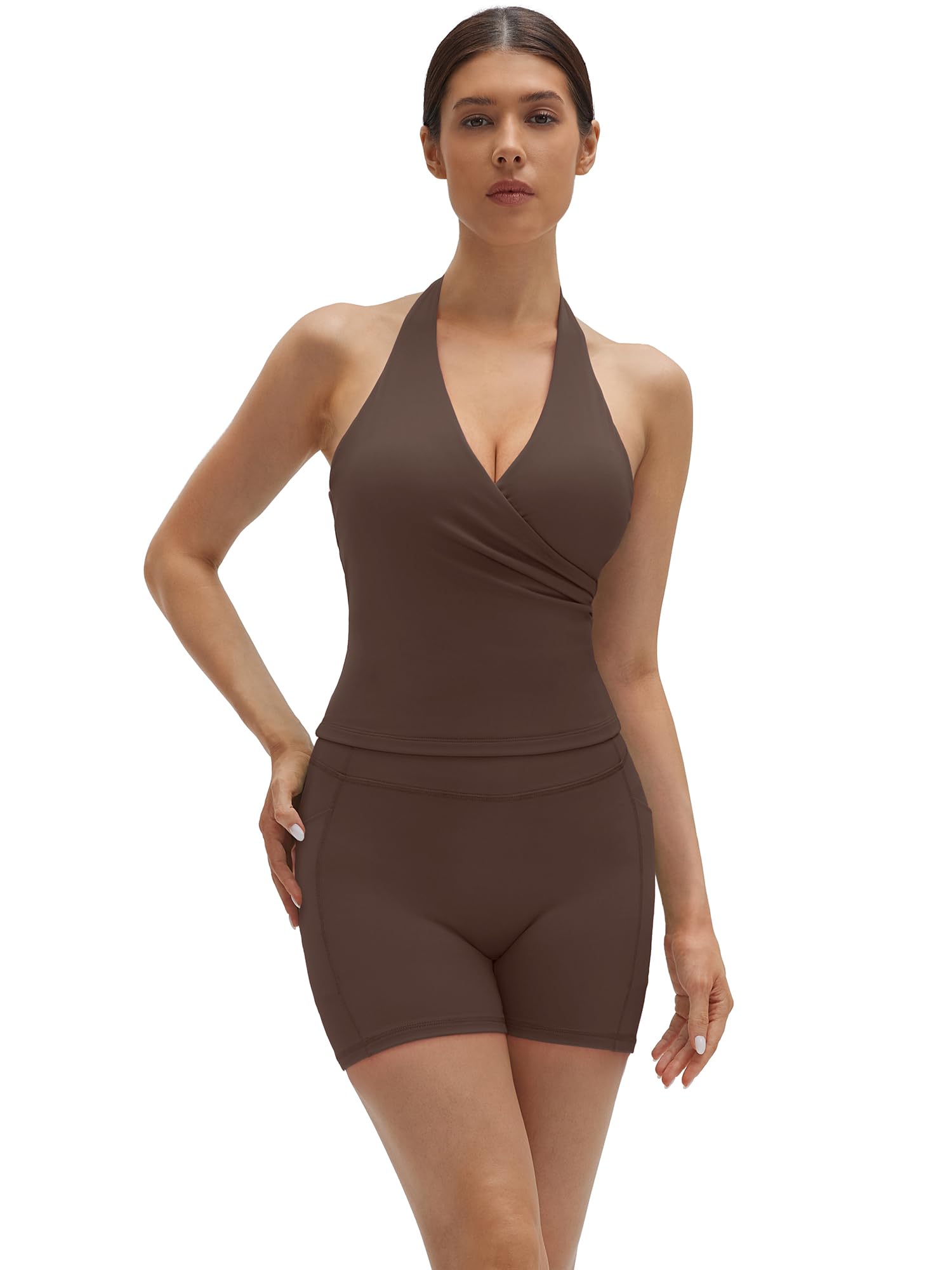 SUUKSESS Women 2 Piece Halter Open Back Workout Sets Padded Tank Top High Waisted Tummy Control Biker Shorts with Pockets - Image 7