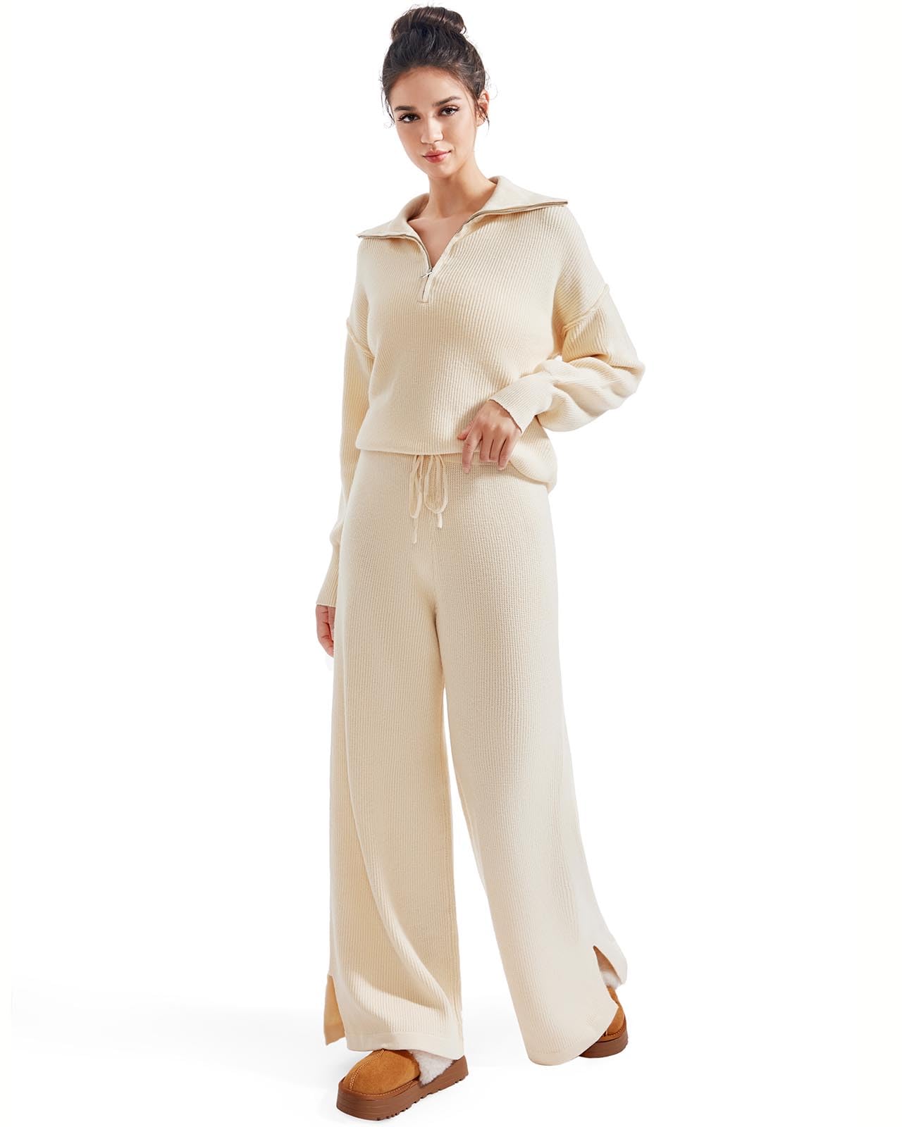 SUUKSESS Women 2 Piece Lounge Sets Oversized Quarter Zip Pullover Wide Leg Pants - Image 5