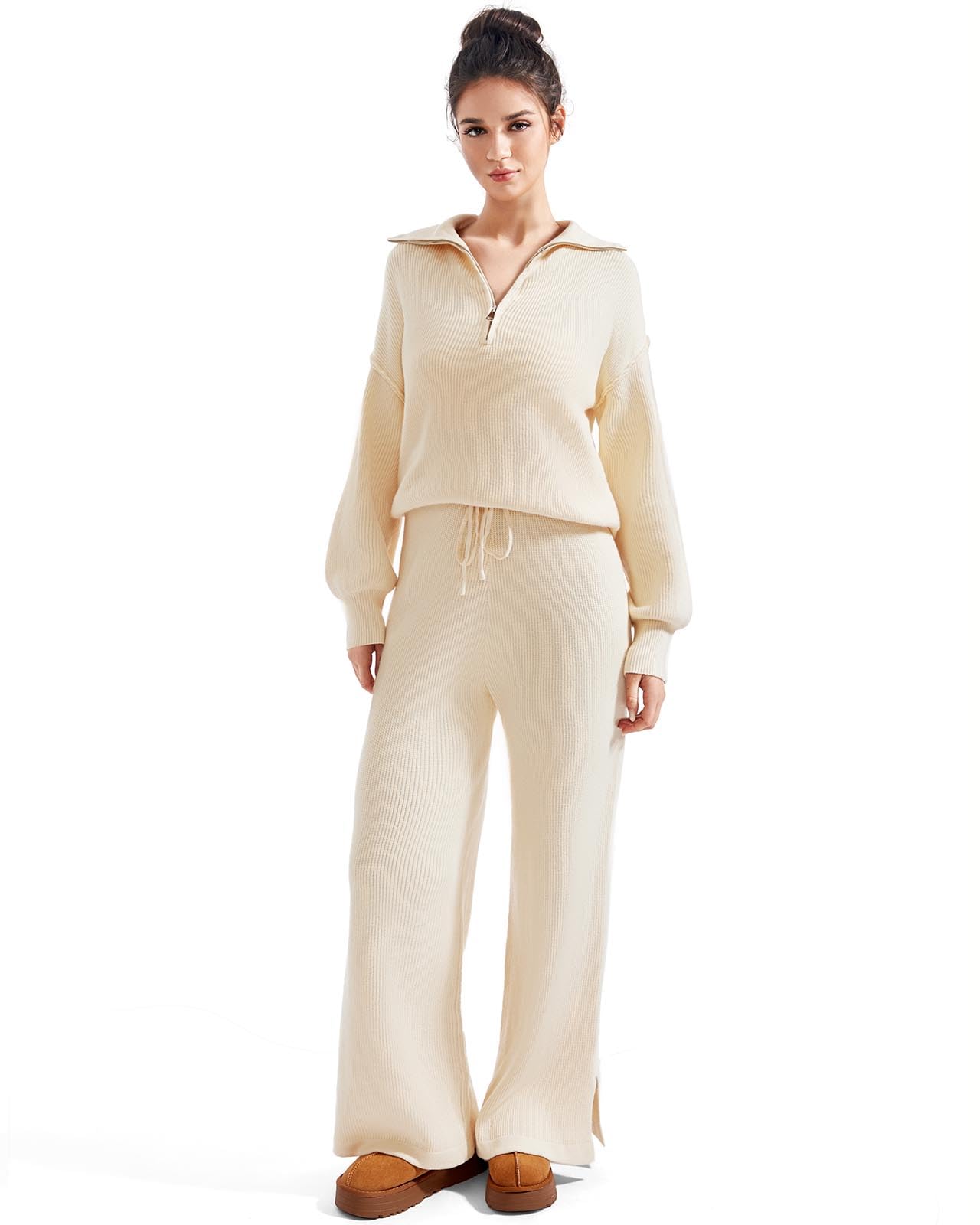 SUUKSESS Women 2 Piece Lounge Sets Oversized Quarter Zip Pullover Wide Leg Pants - Image 6