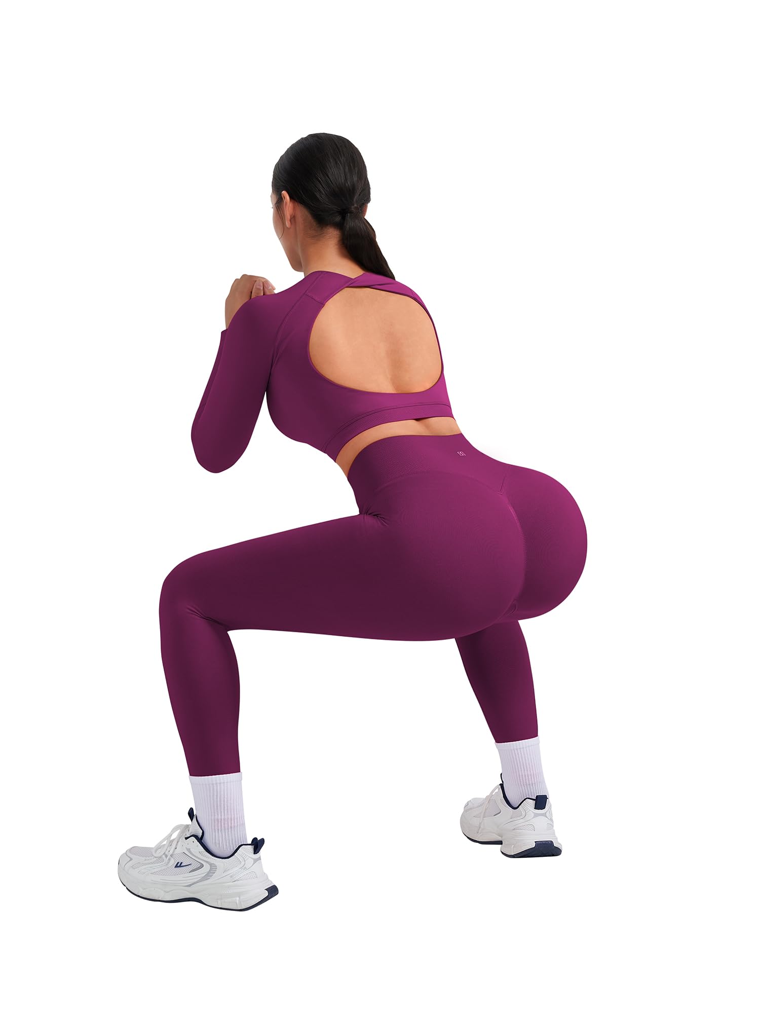 SUUKSESS Women 2 Piece Open Back Seamless Workout Sets Scrunch Booty Gym Leggings Built in Bra Crop Yoga Top - Image 3