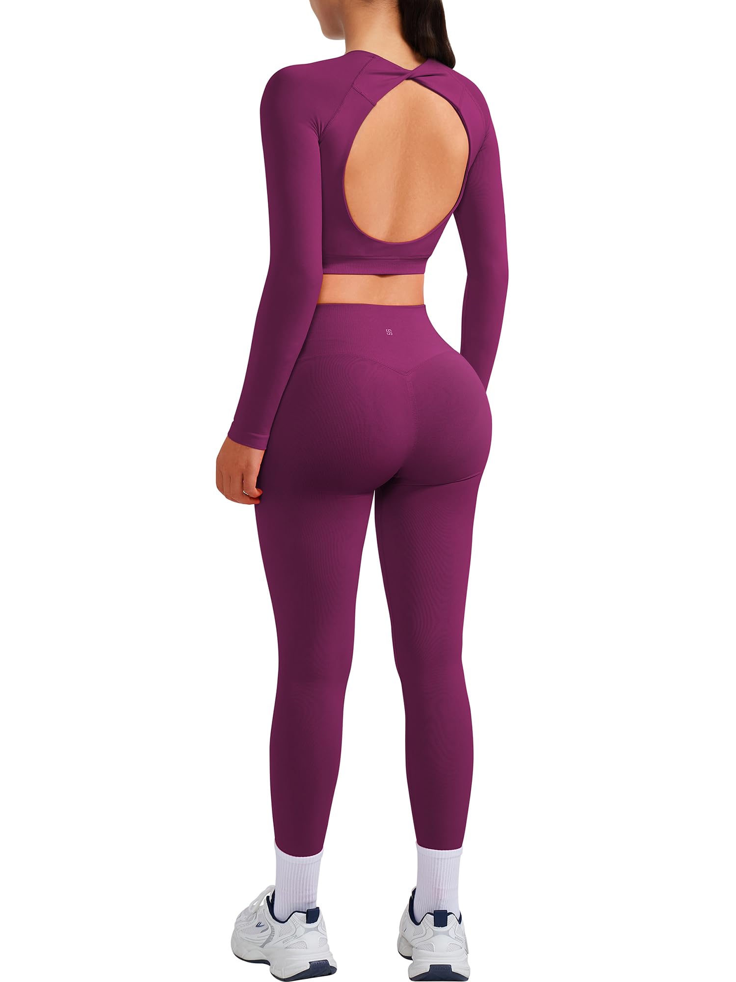 SUUKSESS Women 2 Piece Open Back Seamless Workout Sets Scrunch Booty Gym Leggings Built in Bra Crop Yoga Top - Image 6