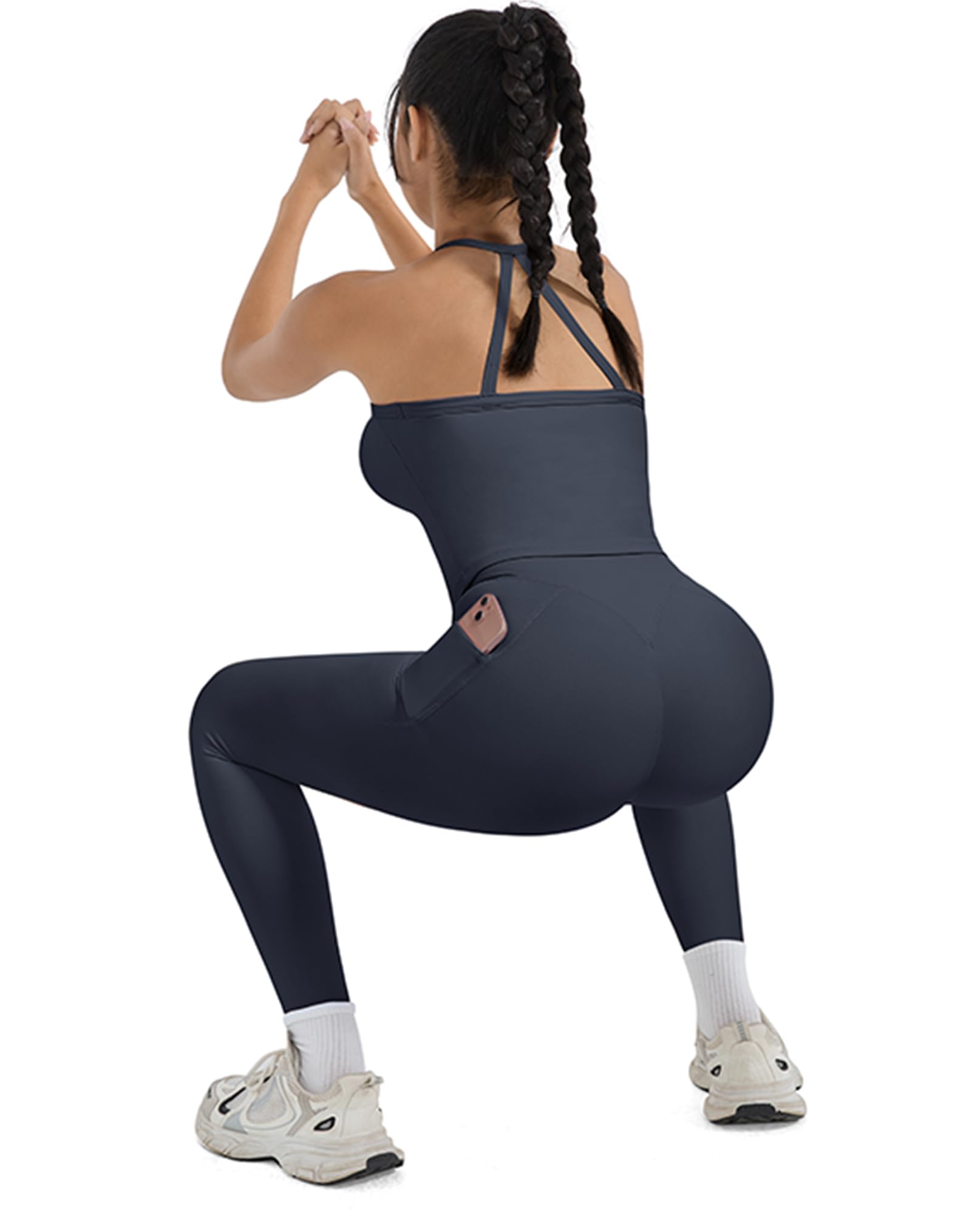 SUUKSESS Women 2 Piece Workout Sets Compression Tummy Control Leggings with Pockets Halter Built in Bra Tank Tops - Image 3