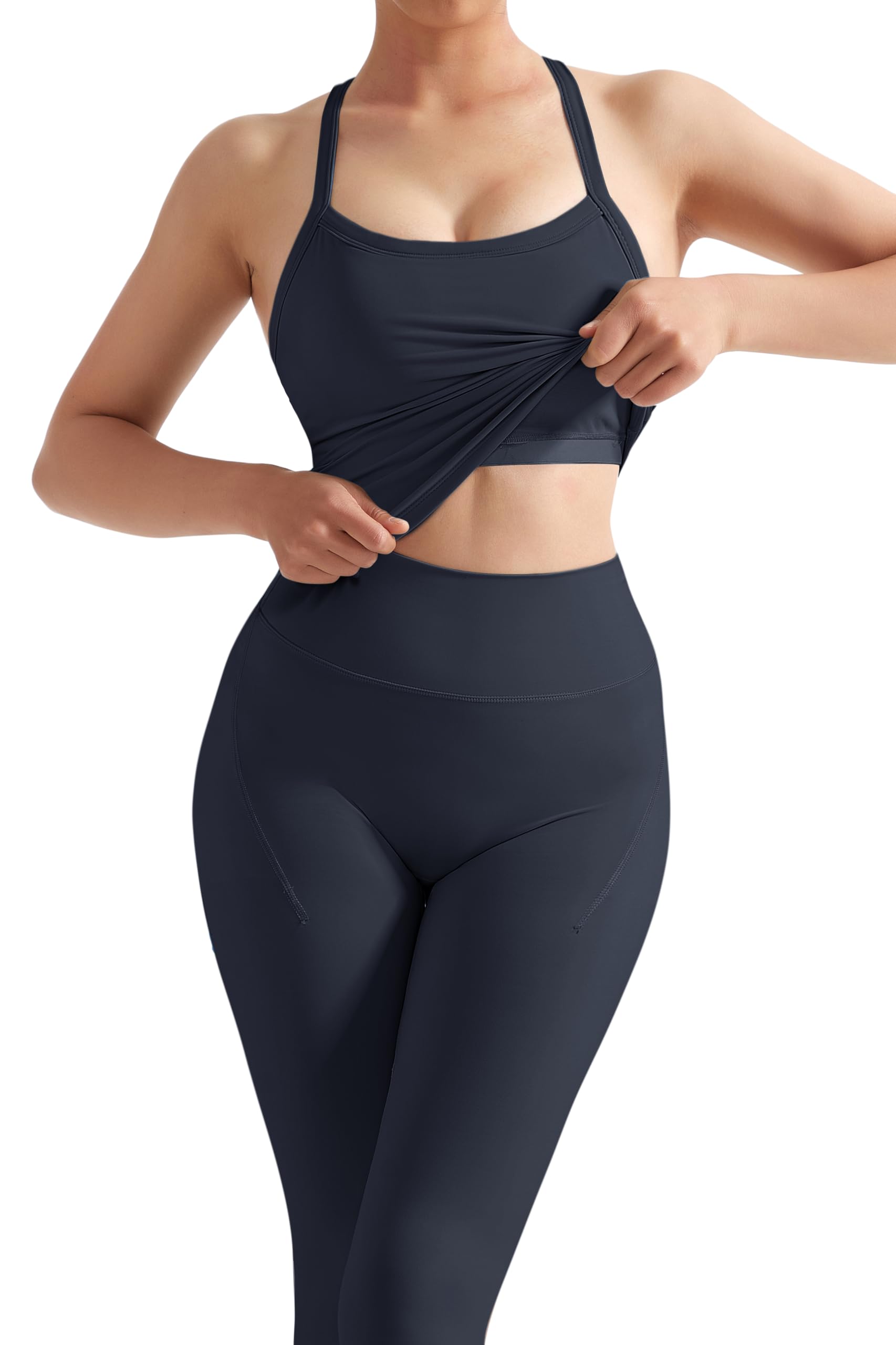 SUUKSESS Women 2 Piece Workout Sets Compression Tummy Control Leggings with Pockets Halter Built in Bra Tank Tops - Image 4