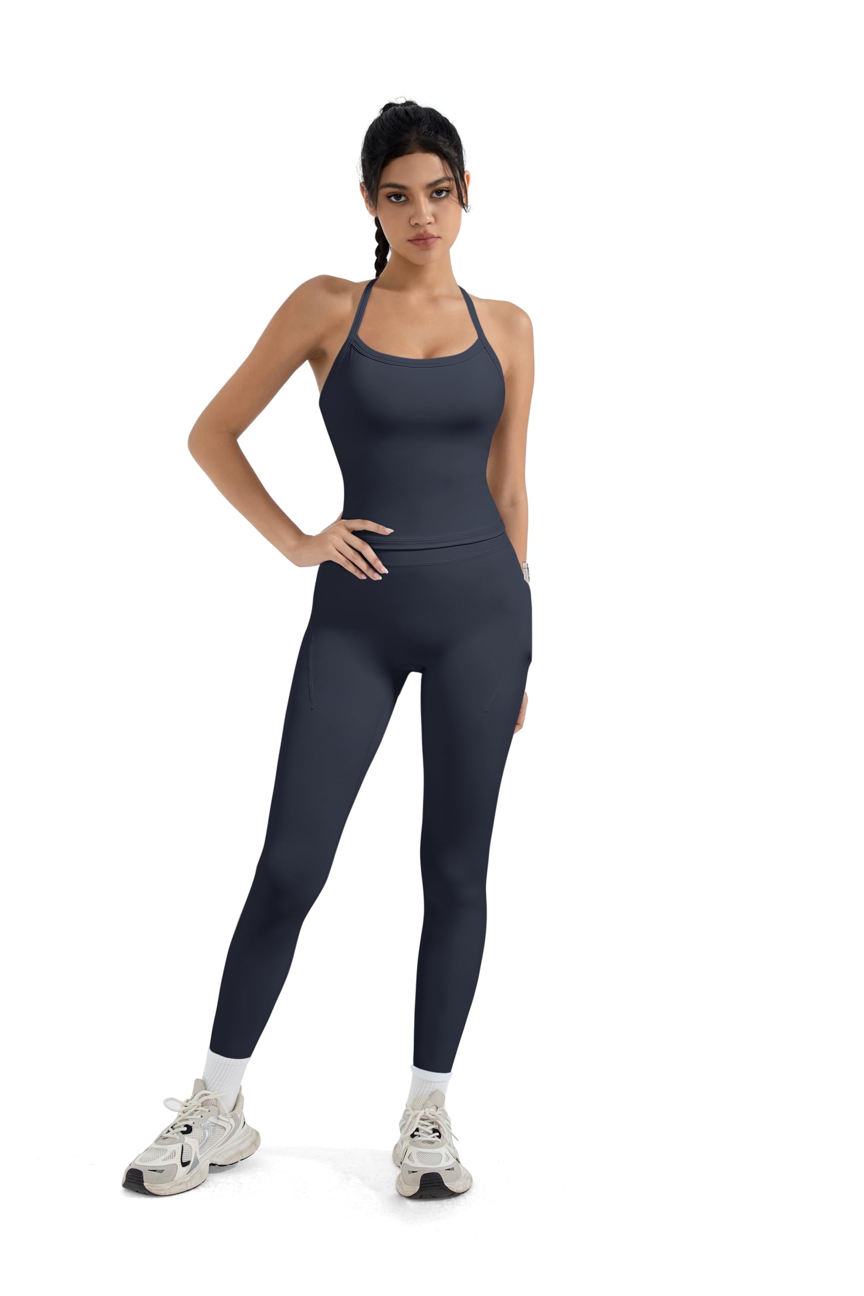 SUUKSESS Women 2 Piece Workout Sets Compression Tummy Control Leggings with Pockets Halter Built in Bra Tank Tops - Image 7