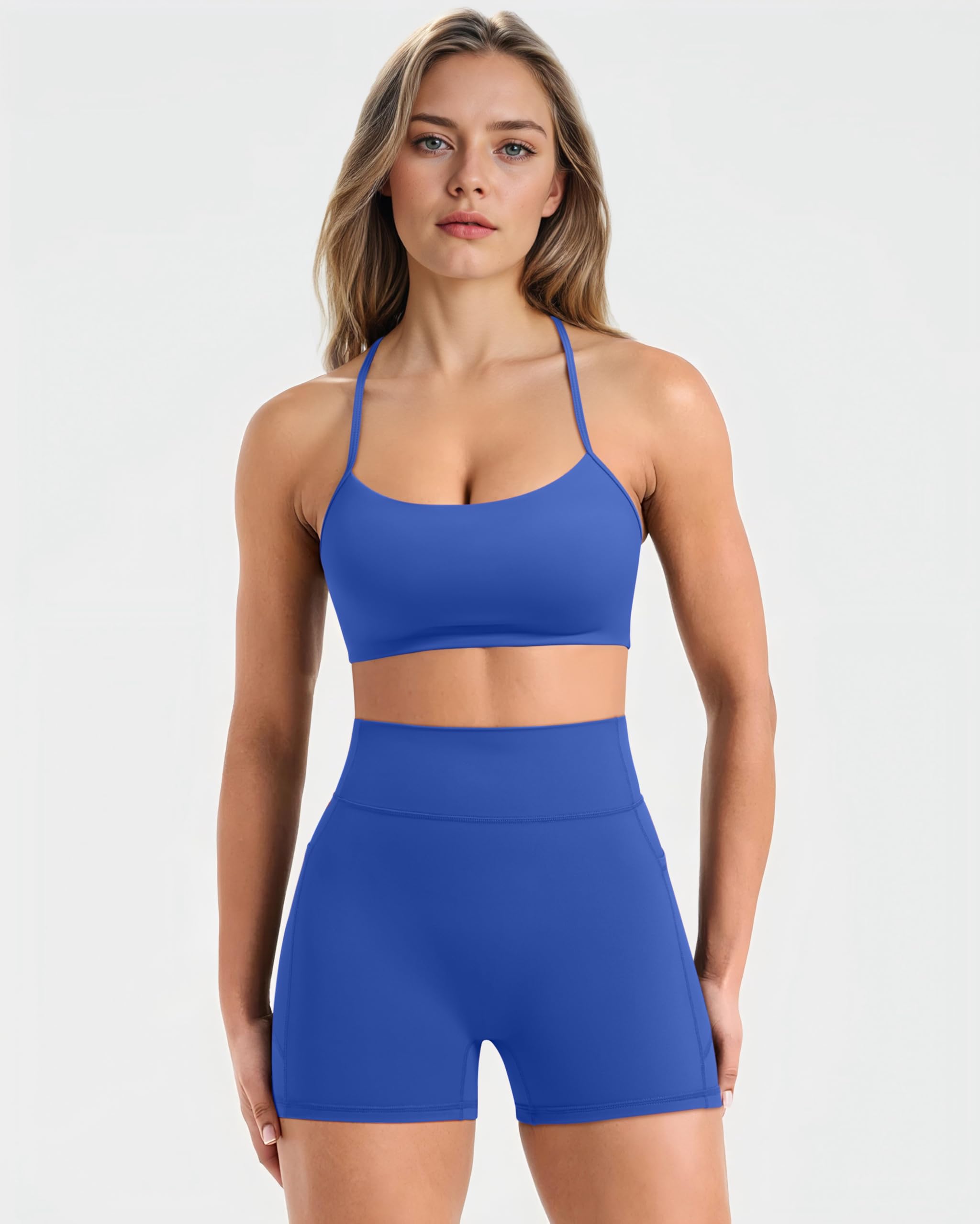 SUUKSESS Women 2 Piece Workout Sets Padded Halter Sports Bras High Waisted Biker Shorts with Pockets - Image 3