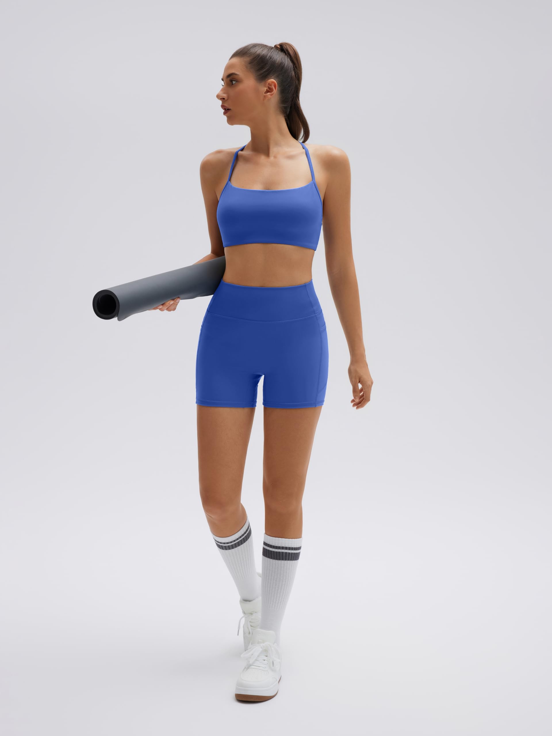 SUUKSESS Women 2 Piece Workout Sets Padded Halter Sports Bras High Waisted Biker Shorts with Pockets - Image 5