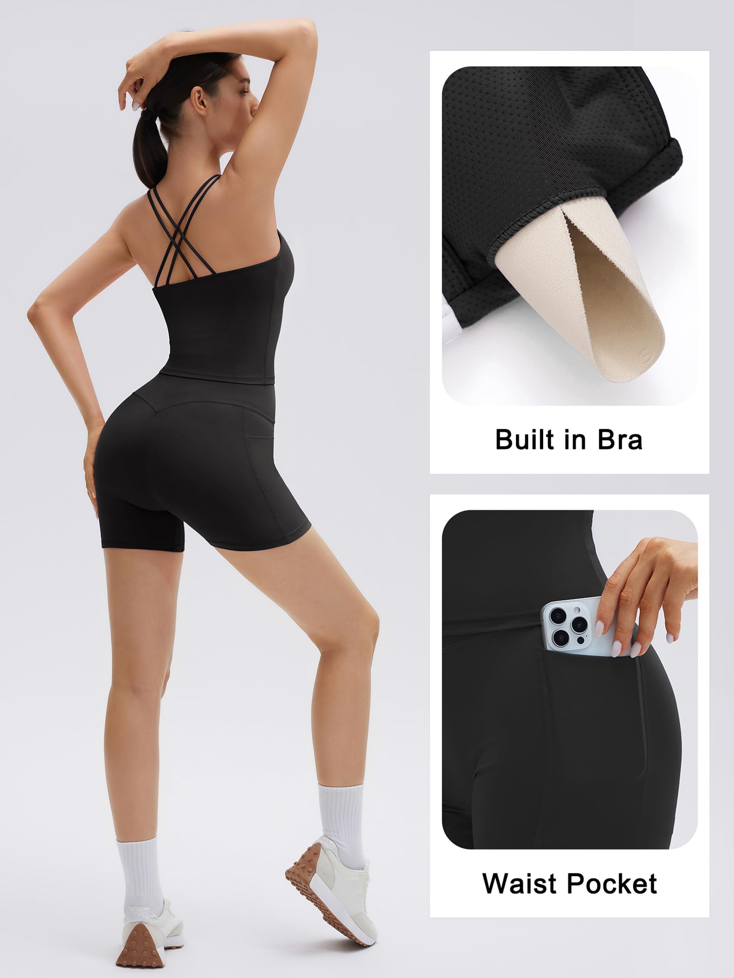 SUUKSESS Women 2 Piece Workout Sets Padded Low Impact Yoga Tops High Waisted Biker Shorts with Pockets - Image 3