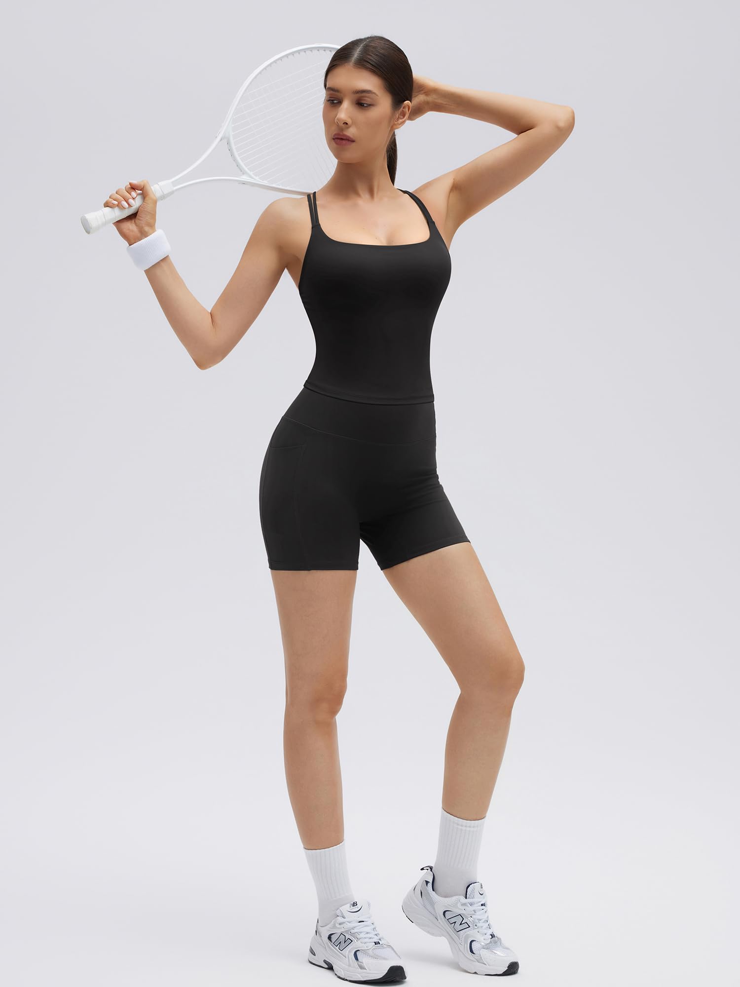 SUUKSESS Women 2 Piece Workout Sets Padded Low Impact Yoga Tops High Waisted Biker Shorts with Pockets - Image 4