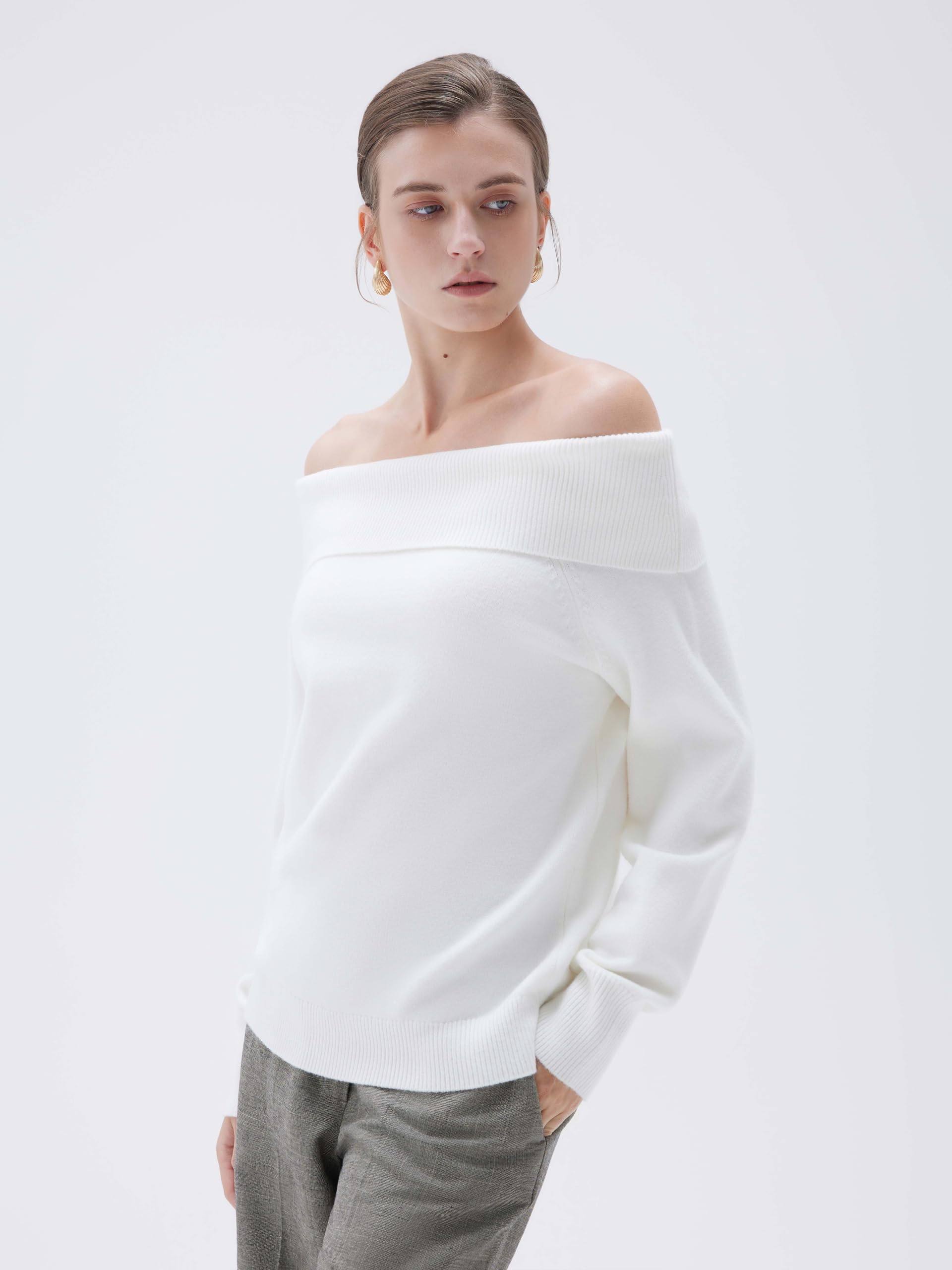 SUUKSESS Women Cashmere Off The Shoulder Sweater Oversized Knit Long Sleeve Tops - Image 4