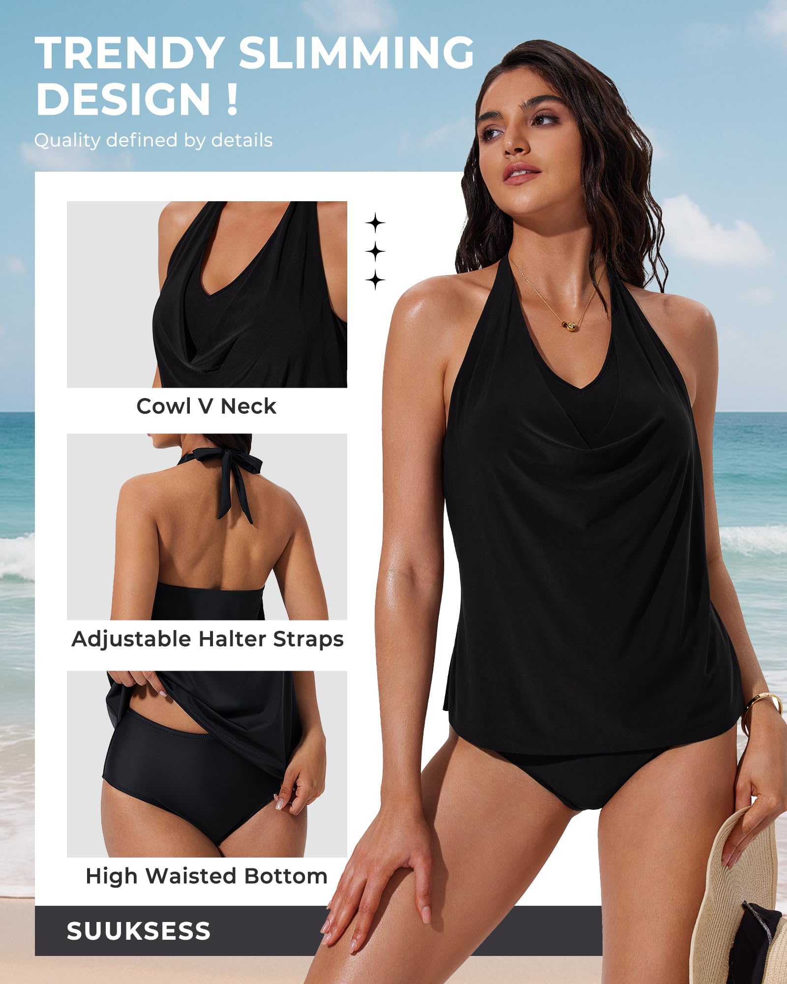 SUUKSESS Women Halter Tankini Swimsuit High Waist Cowl Neck Bathing Suit 2 Piece - Image 4