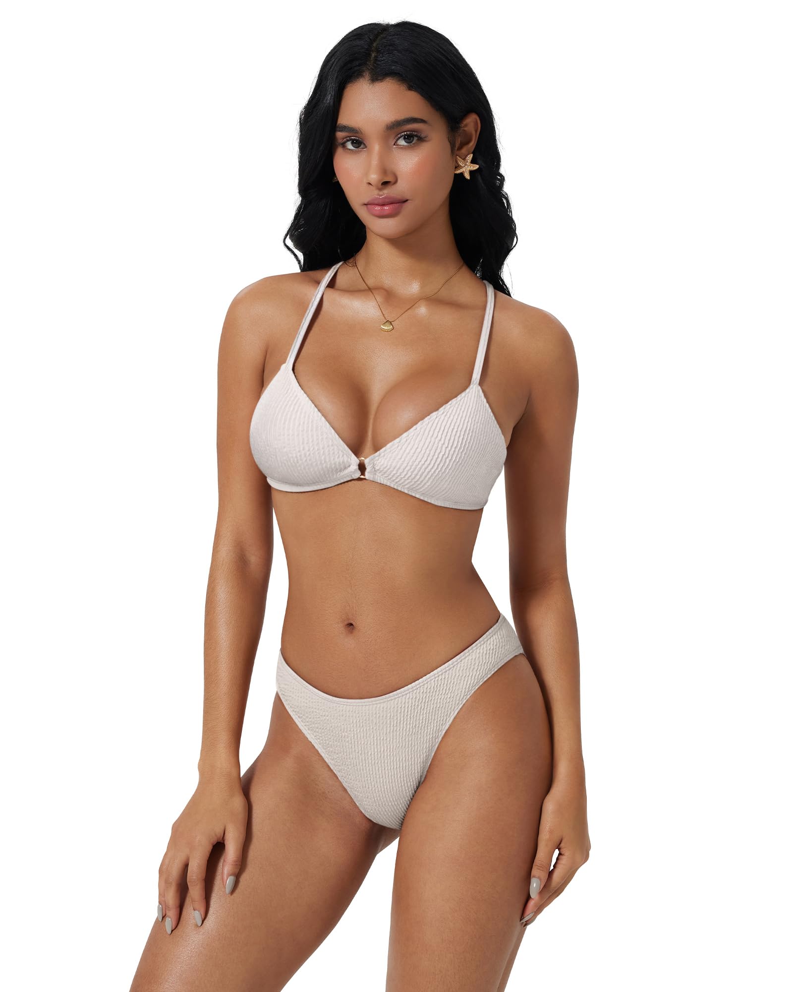 SUUKSESS Women High Waisted Triangle Bikini Sets Textured O Ring 2 Piece Swimsuit - Image 3