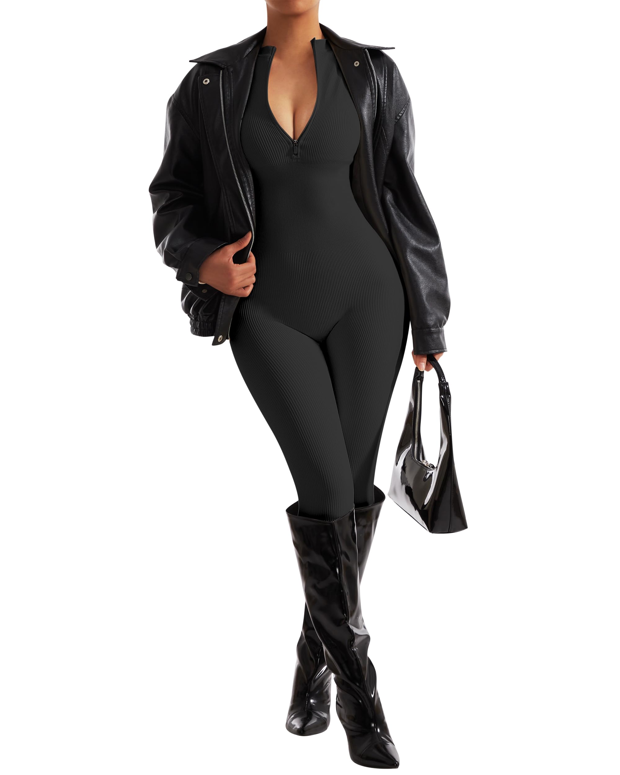 SUUKSESS Women Long Sleeve Ribbed Jumpsuit Zip up Front Workout Bodycon Romper - Image 4