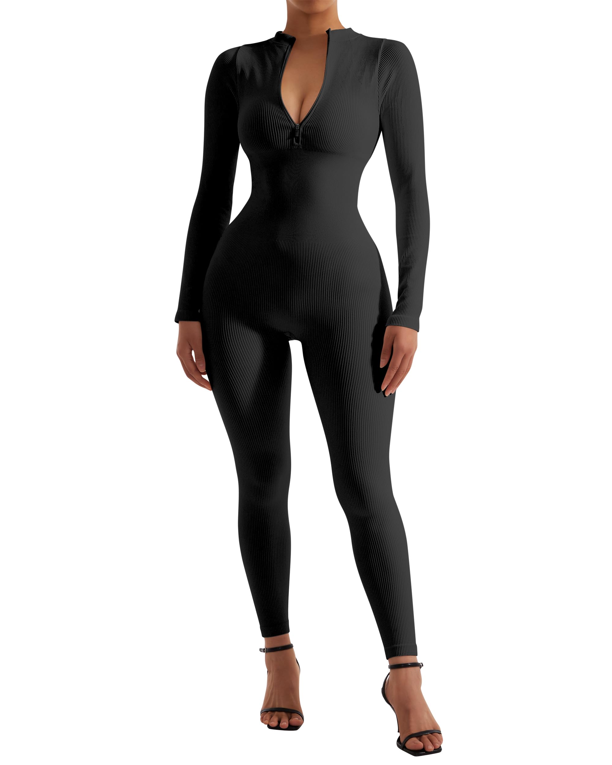 SUUKSESS Women Long Sleeve Ribbed Jumpsuit Zip up Front Workout Bodycon Romper - Image 5