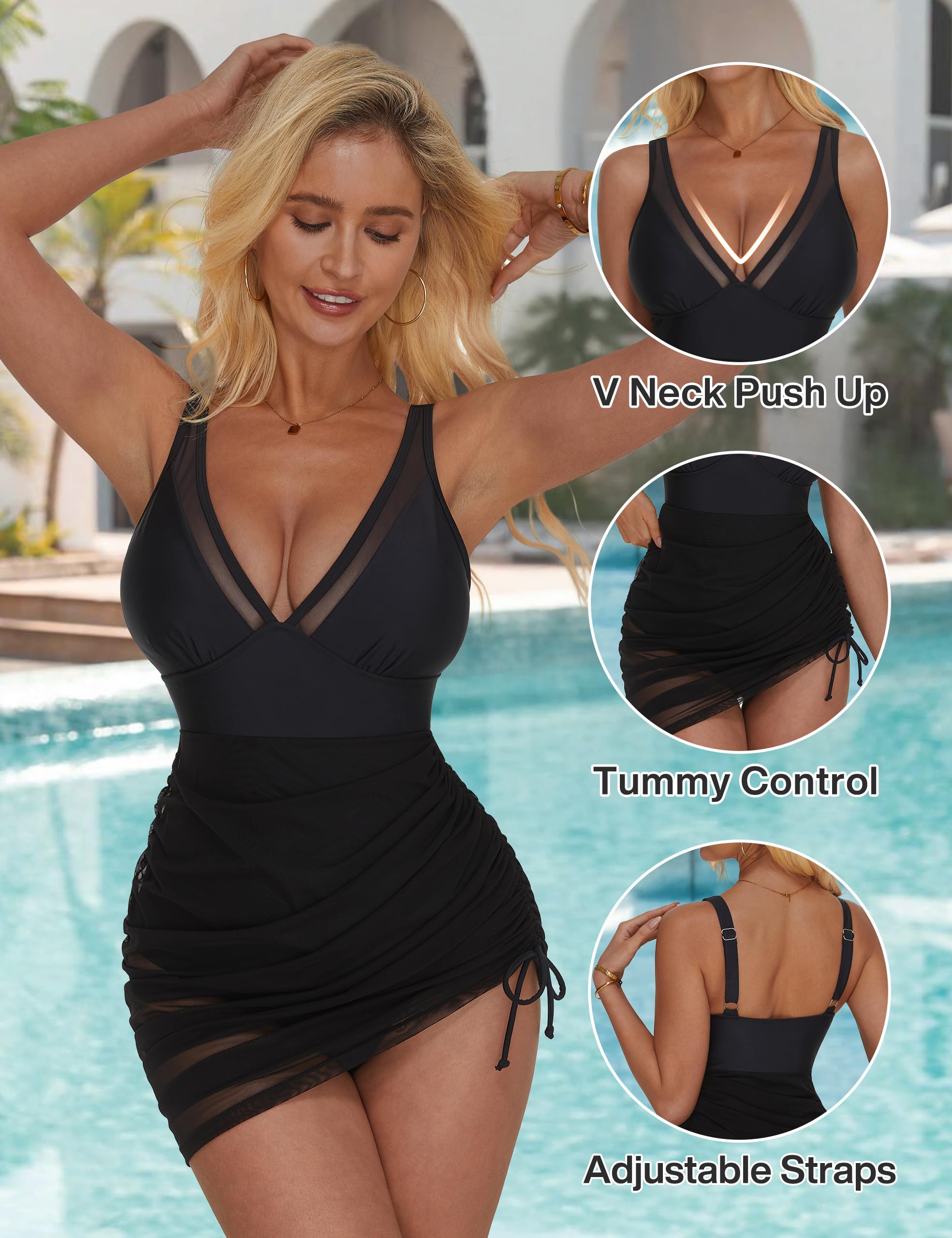 SUUKSESS Women Mesh One Piece Swim Dress Swimsuit Tummy Control Bathing Suit - Image 4