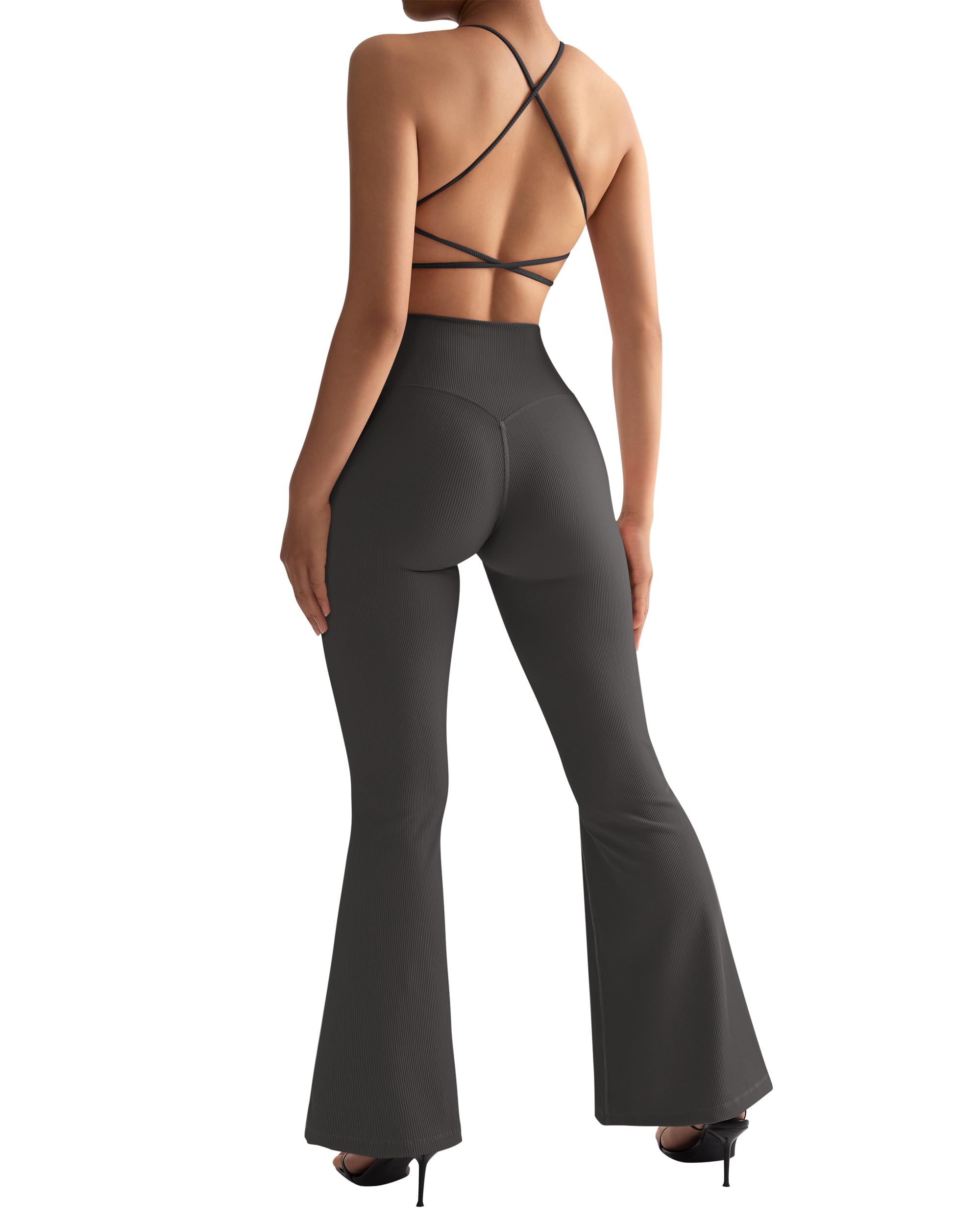 SUUKSESS Women Ribbed Crossover Flare Leggings V Back Yoga Pants with Pockets - Image 3