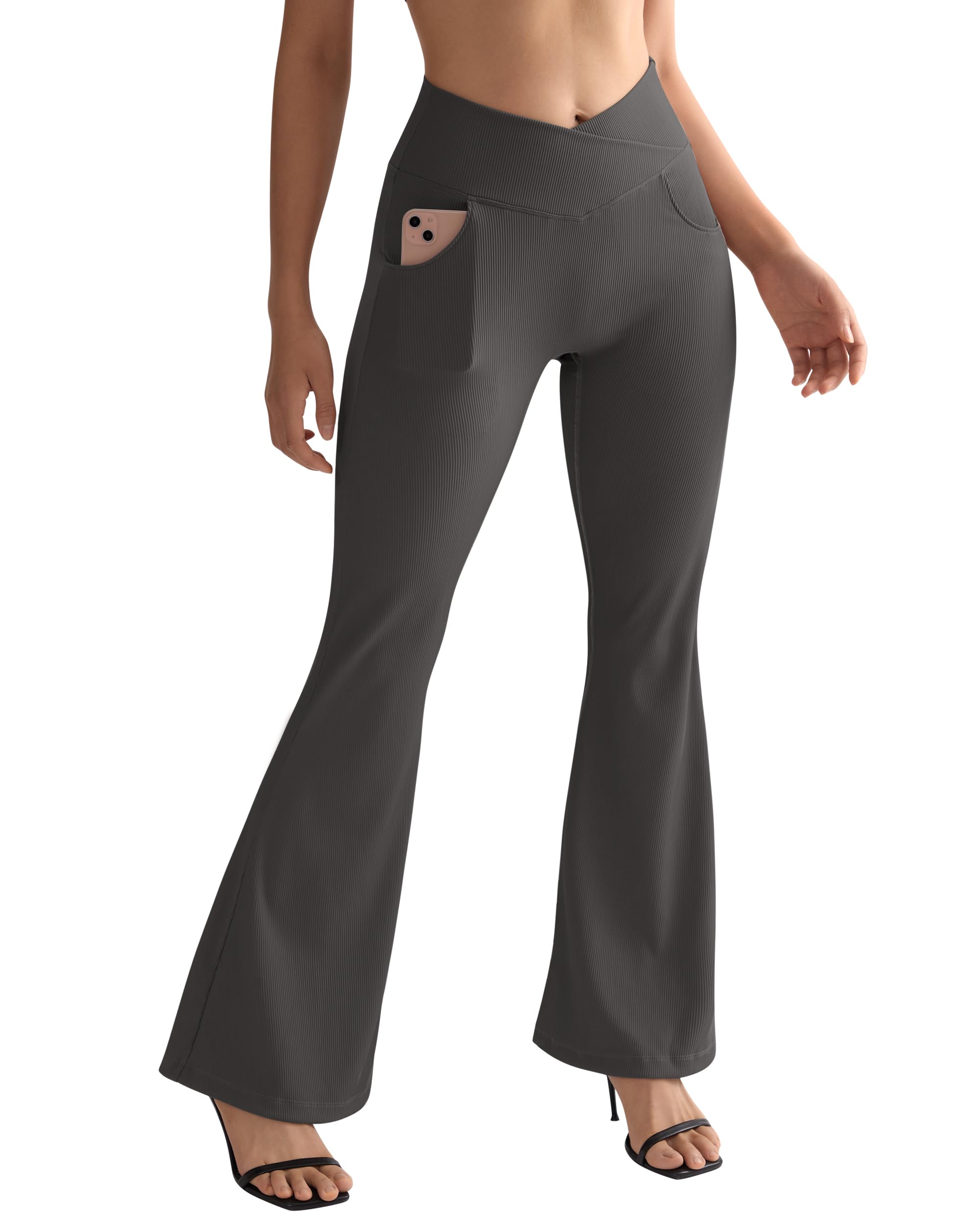 SUUKSESS Women Ribbed Crossover Flare Leggings V Back Yoga Pants with Pockets - Image 4