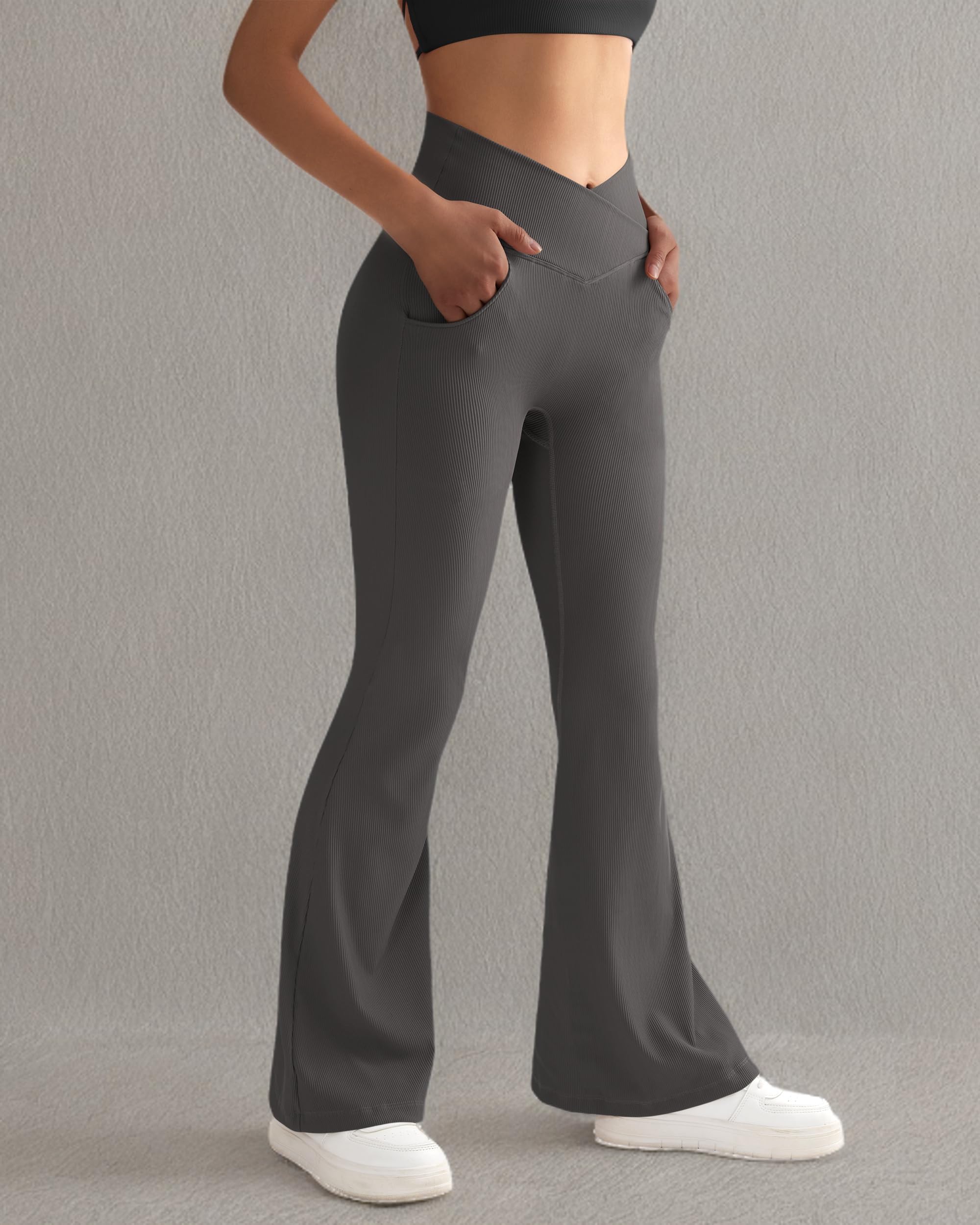 SUUKSESS Women Ribbed Crossover Flare Leggings V Back Yoga Pants with Pockets - Image 5