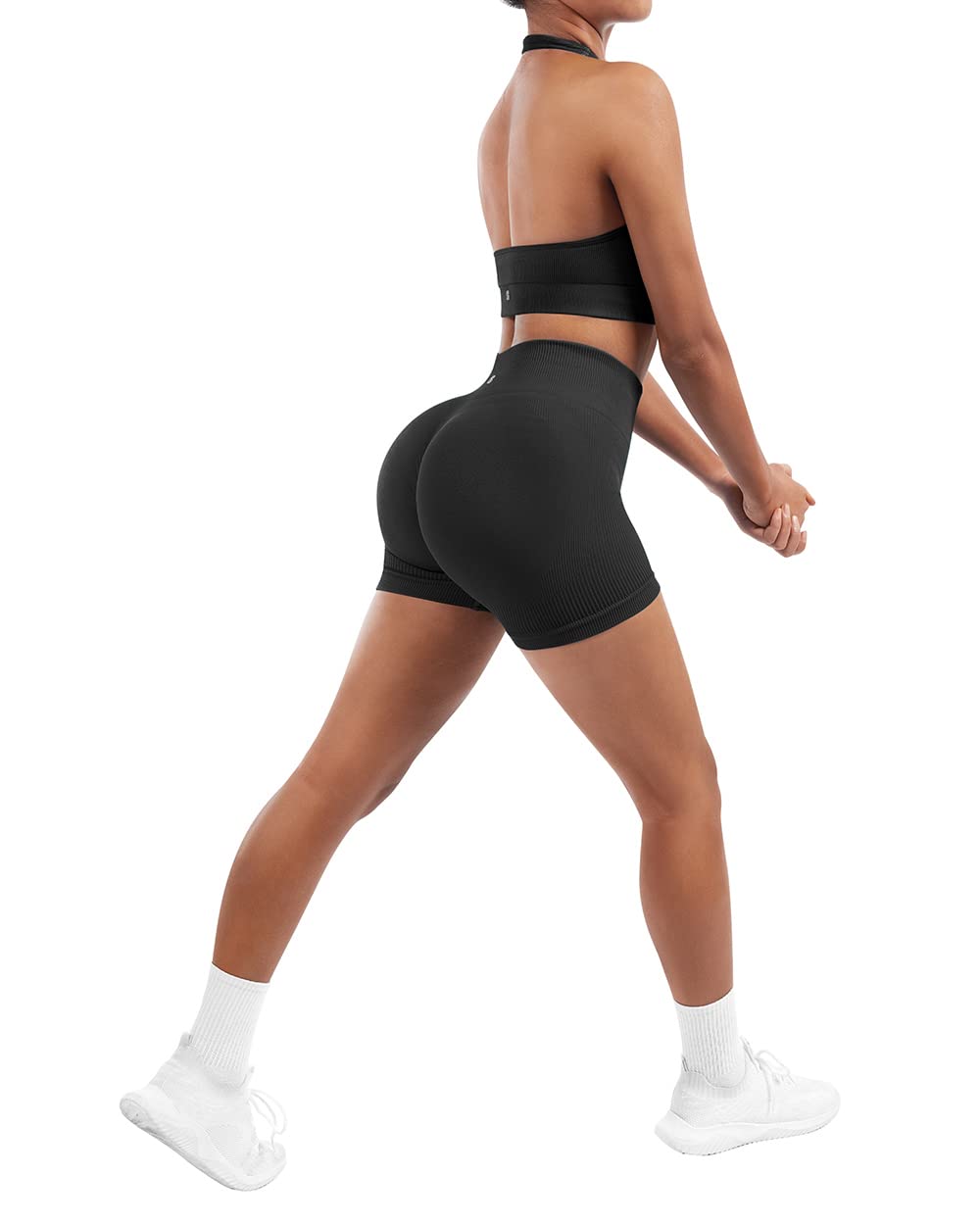SUUKSESS Women Seamless Ribbed Workout Set Backless Sports Bra Booty Biker Short - Image 7