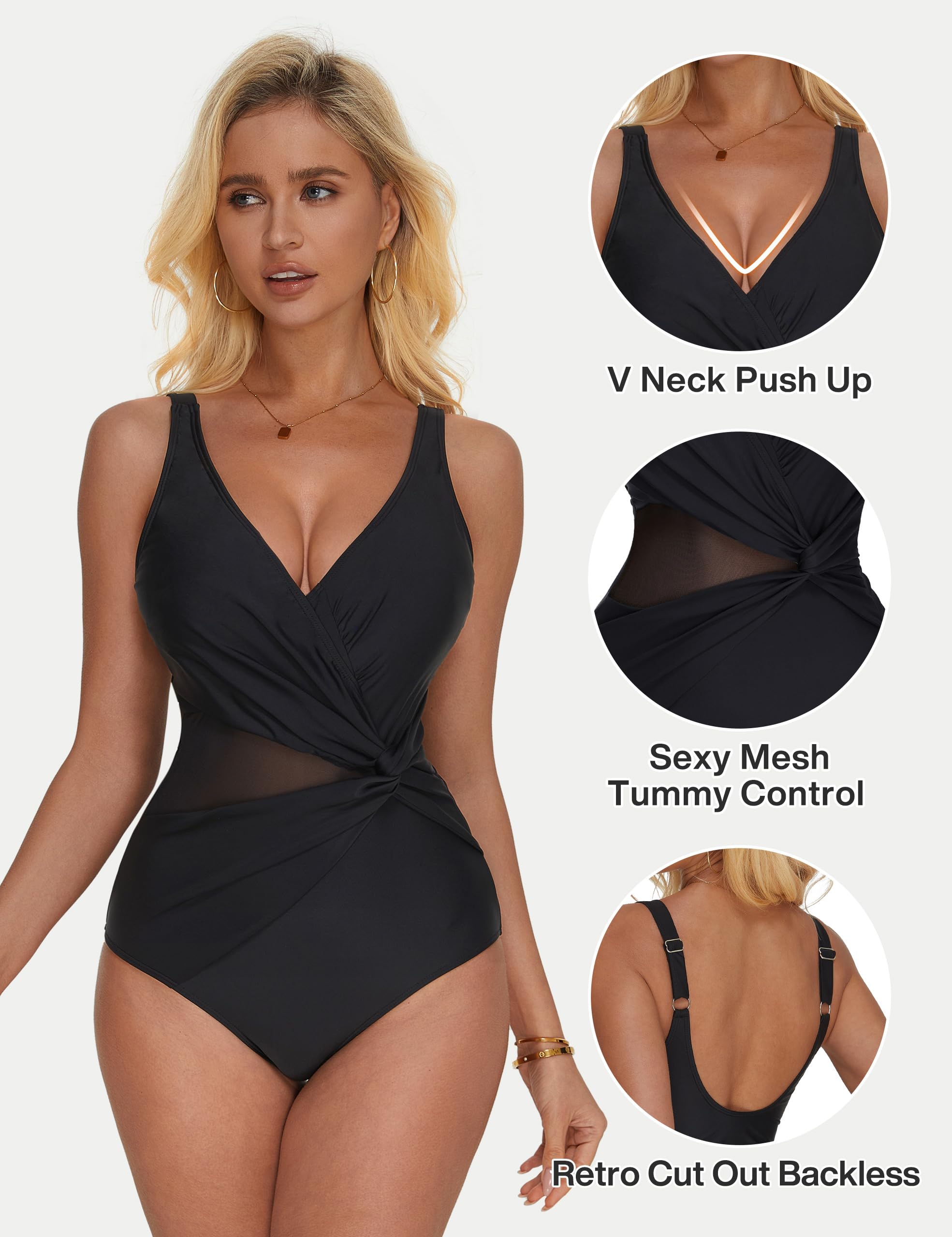 SUUKSESS Women Sexy Mesh Tummy Control One Piece Swimsuit Push Up Bathing Suit - Image 3