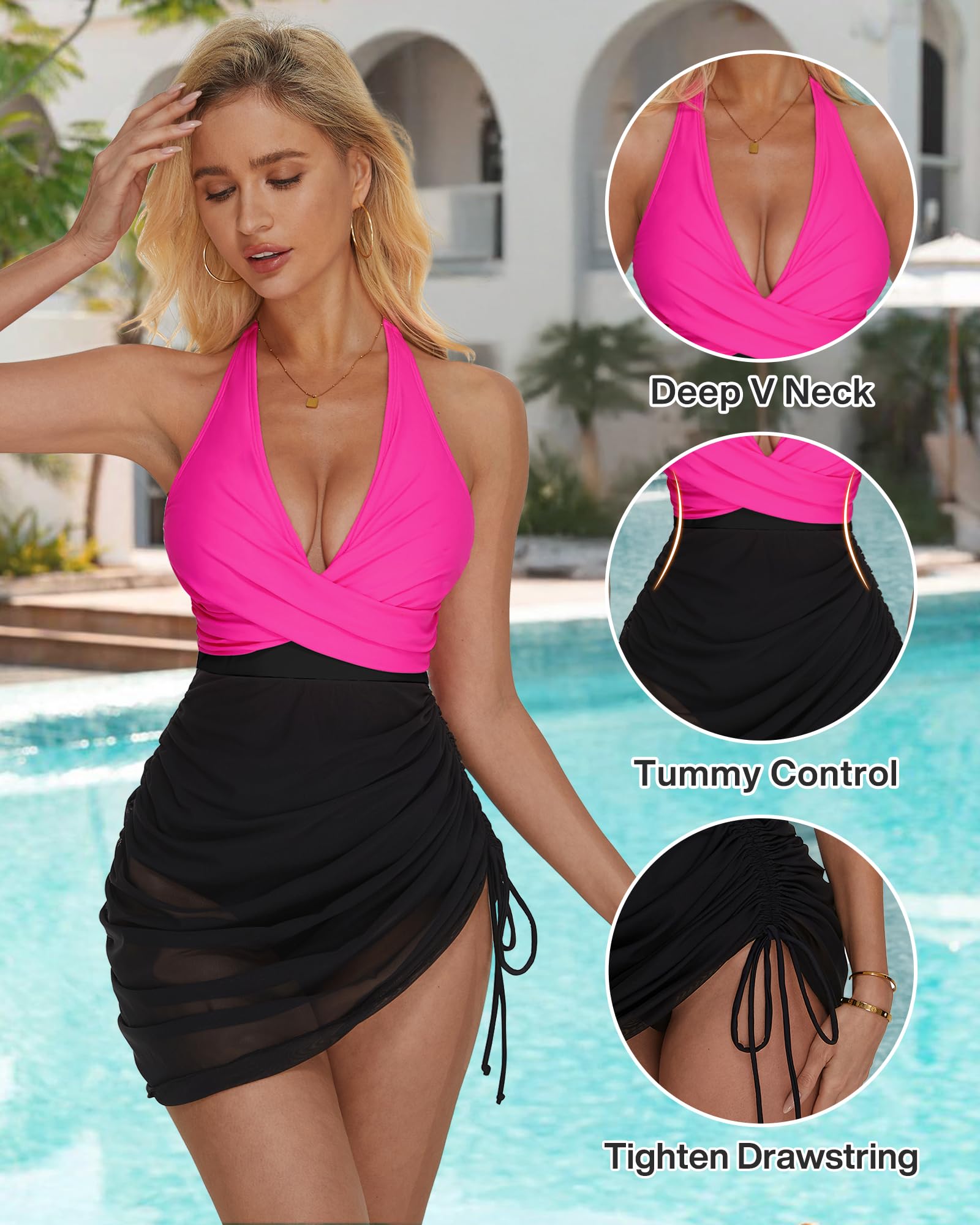 SUUKSESS Women Sexy One Piece Swimsuit Tummy Control Bathing Suit Mesh Swimdress - Image 4