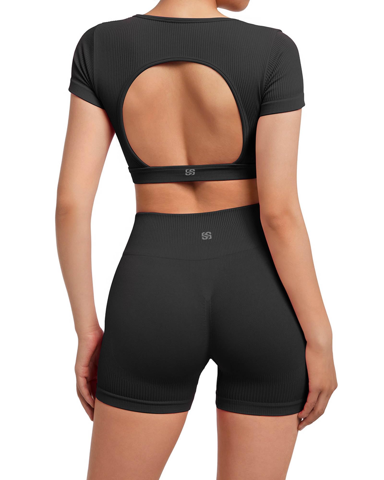 SUUKSESS Womens Workout Sets Open Back Gym Sets Woman Yoga Pilates Crop Tank High Waisted Bike Shorts - Image 3